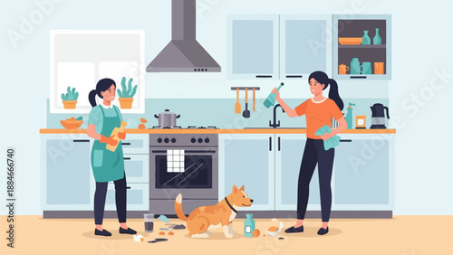 Two women and a dog clean a messy kitchen