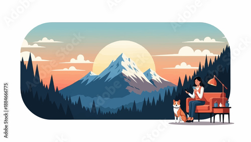 Woman and dog relaxing by a cozy indoor setting with a mountain sunset
