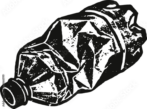 Crushed plastic bottle illustration black and white grunge texture environmental waste pollution concept