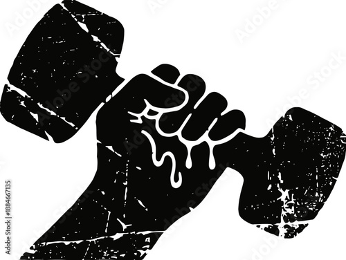 Strong hand gripping dumbbell with dripping muscle strength and fitness power concept