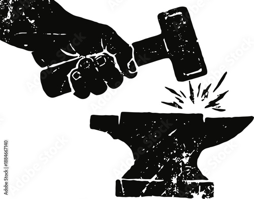 Blacksmith hammer striking anvil with sparks, vintage silhouette black and white illustration