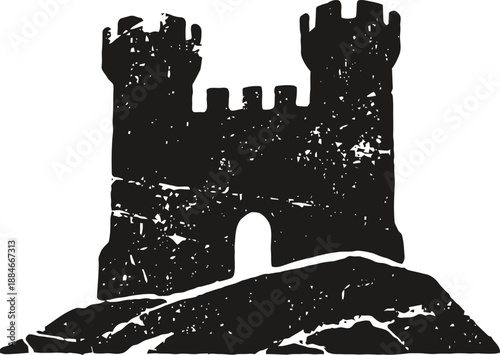 Medieval castle silhouette on rocky hill with worn texture and battlements