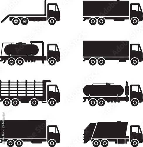 black silhouettes of various trucks and tankers on white background