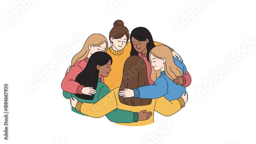 Six diverse women share a warm embrace in a circle, symbolizing powerful unity, mutual support, profound friendship, and genuine sisterhood.