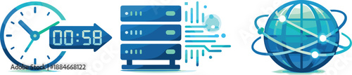 Digital Transformation Icons. Three symbolic icons showing analog clock to digital timer transition, server rack with data streams