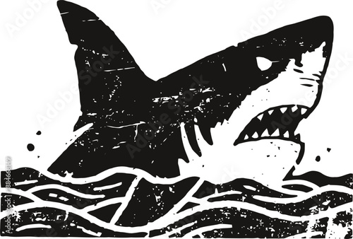 Great white shark breaching water surface with open mouth in ocean waves illustration