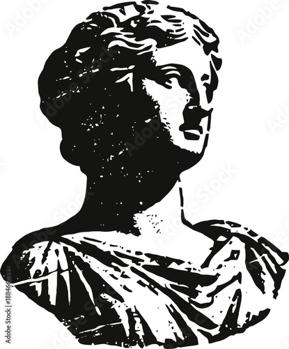 Classical bust sculpture of a woman in toga with detailed facial features and stylized hair