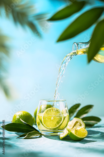 Fresh lemon drink being poured into a glass with lime slices on blue background