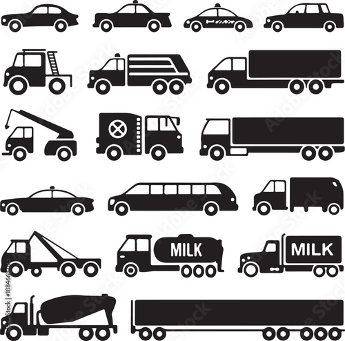 black silhouettes of various vehicles on white background