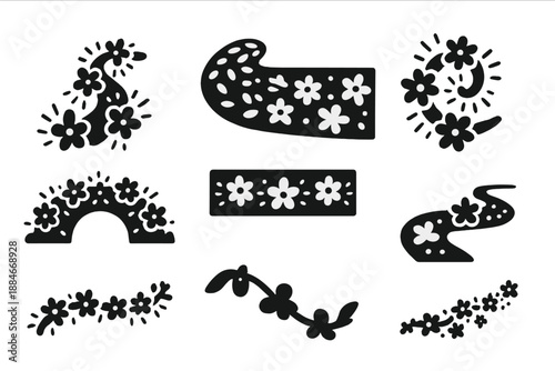 Radiant Botanical Pathways. Solid style icons of radiant botanical pathways: glowing flower route, illuminated petal map, luminous