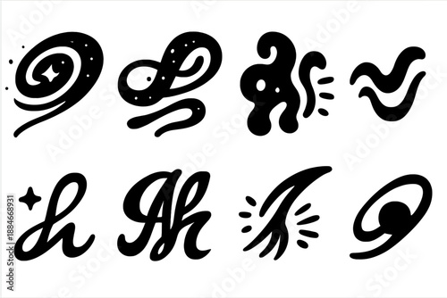 Interstellar Calligraphy Icons. Solid style icons of interstellar calligraphy: galaxy writing, light-script pattern, pulsating
