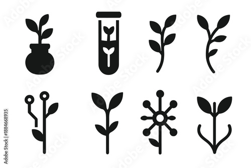 Noble Gas Plant Systems. Solid style icons of noble gas plant systems: xenon vessel, argon tube, neon vein, glowing stem circuit,