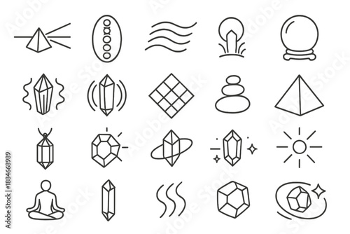 Crystal Energy Icons. Line style icons of crystal energy: prism beam, chakra stone, energy flow, crystal ball, aura wave,