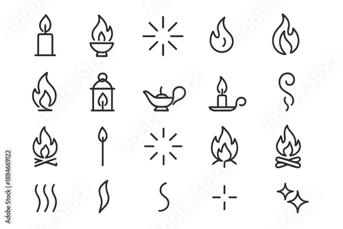 Iconic Fire Elements. Line style icons of flames and light: candle flame, torch, spark, ember, flicker, fire swirl, lantern, oil