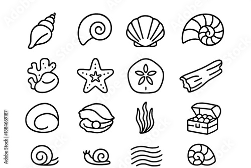 Seashell Icon Collection. Line style icons of seashells: conch, spiral shell, scallop, clam, nautilus, coral piece, pearl inside,