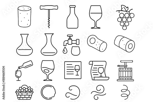 Wine Craft Icons. Line style icons of wine and craft: cork, corkscrew, bottle neck, wine glass, carafe, decanter, barrel tap,