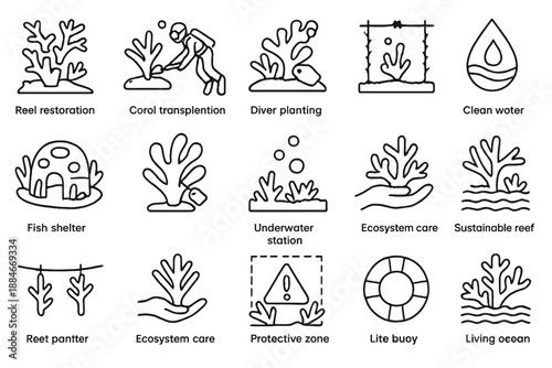 Marine Conservation Icons. Line style icons of marine conservation: reef restoration, coral transplant, diver planting, rope