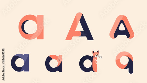 Alphabetical letters and a cat figure in a playful, modern design