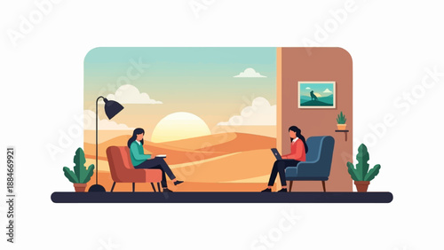 Two women working in comfortable chairs with a desert sunset scene