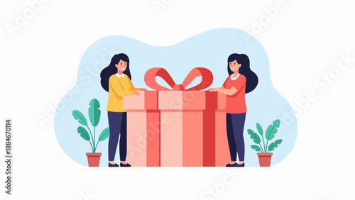 Two women with a large gift box with a red bow