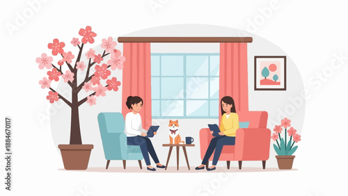 Two women and a dog relaxing at home with a cherry blossom tree