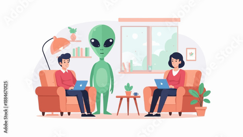 Two people work on laptops while an alien stands in a room with a window