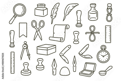 Antique Tool Icons. Line style icons of Antique Tools: brass magnifier, inkwell, quill pen, wax seal, ribbon tag, scissors,