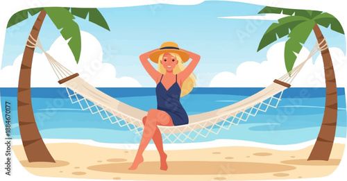 Woman relaxing in a hammock between two palm trees on a sunny beach