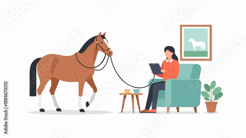 Woman in armchair with tablet, horse on lead, interior decor