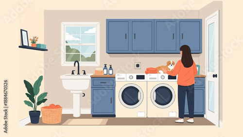 Woman with dog in a laundry room with washer, dryer, sink, and cabinets