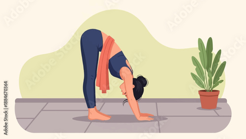 Woman in yoga pose on tiled floor with plant background