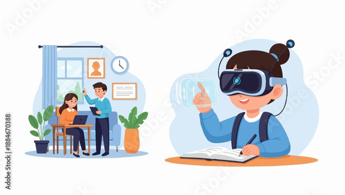 Two scenes people working at a table, a child in a VR headset interacting with a digital display