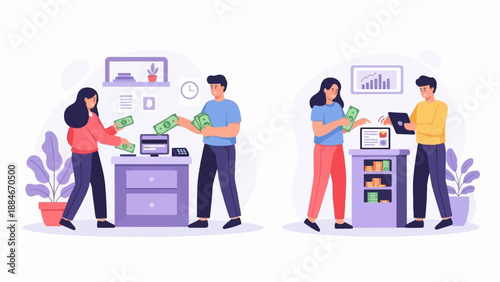Two scenes of people handling money and using technology for financial transactions