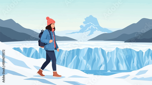Woman walks on snowy terrain towards glacial ice wall, mountains in background
