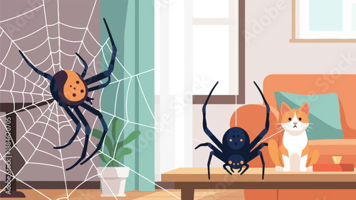 Two spiders and a curious cat sit inside a room with furniture and a plant