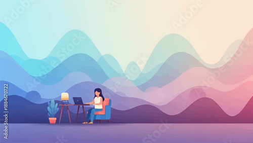 Woman working on laptop at home with abstract mountain backdrop