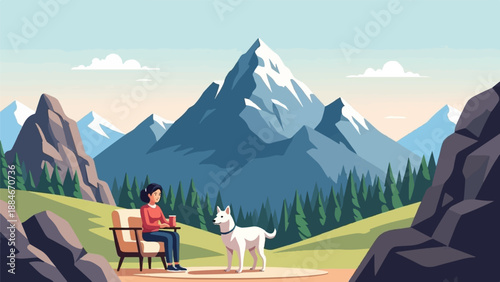 Woman with dog enjoying coffee by mountains