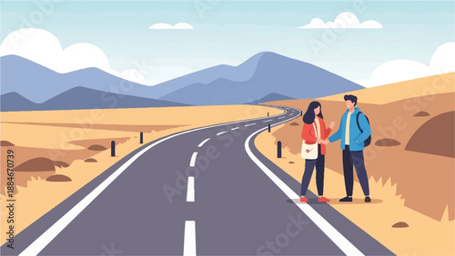 Two travelers stand on the side of a winding road in a desert landscape