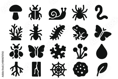 Forest Micro Life Icons. Solid style icons of Forest Micro Life: mushroom, beetle, snail, spider, worm, moss, ant, centipede,