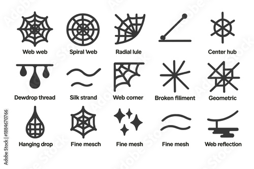 Web Structure Icons. Solid style icons of Web Structure: orb web, spiral web, radial thread, anchor line, center hub, dewdrop