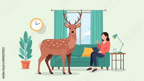 Woman and deer in a living room with plant, clock, couch, and lamp