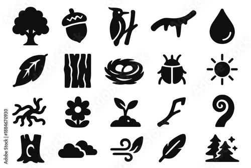 Nature Harmony Icons. Solid style icons of Nature Harmony: oak tree, acorn, woodpecker, mossy branch, dew drop, fluttering leaf,
