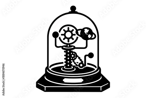 Antique Orrery Icons. Solid style icons of Antique Orrery Display: brass stand, orbit gear, globe sphere, glass dome, planetary