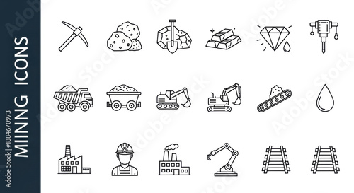Black outline vector icons of mining tools, raw materials (gold, oil, diamond), machinery (dump truck, excavator), a miner, and factory structures, on a transparent background with 'MINING ICONS'
