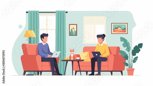 Two people working on laptops in a cozy living room with a dog