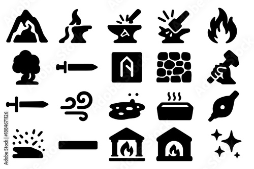 Legendary Forge Icons. Solid style icons of Legendary Forge Scene: mountain forge, molten stream, glowing anvil, hammer sparks,