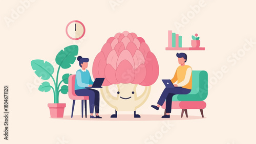 Two people working on laptops near a cheerful, large artichoke