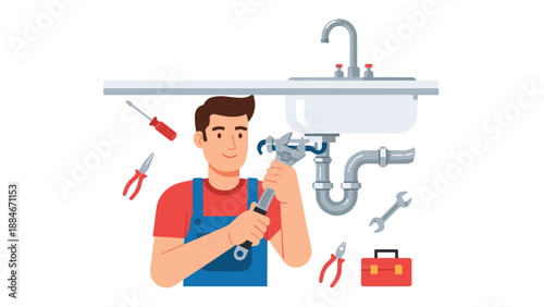 Smiling male plumber in overalls diligently fixing a sink pipe underneath a white basin, skillfully using a wrench, surrounded by essential plumbing tools.
