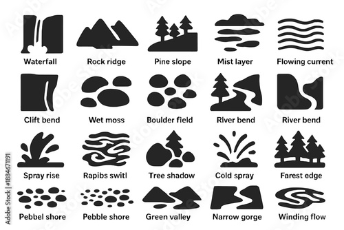 Mountain Terrain Icons. Solid style icons of Mountain River Terrain: waterfall drop, rock ridge, pine slope, mist layer, flowing