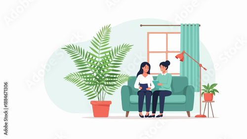 Two women sit on a couch, reading books, with plants and a lamp nearby